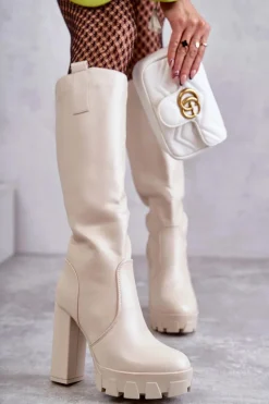 Modne Skórzane Kozaki Na Platformie Beżowe Isabell