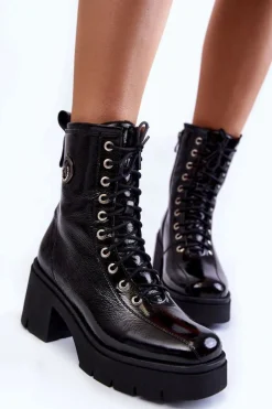 Modne Skórzane Ocieplane Botki Na Obcasie Czarne Illusion