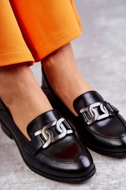 Modne Skórzane Półbuty Loafery Czarne Trine