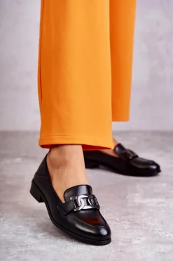 Modne Skórzane Półbuty Loafery Czarne Trine