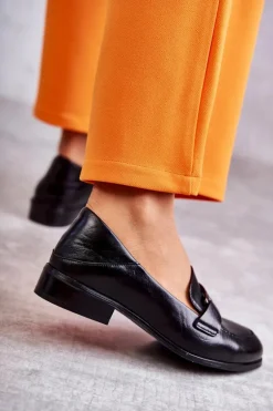 Modne Skórzane Półbuty Loafery Czarne Trine