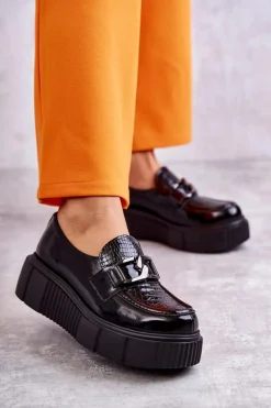 Modne Skórzane Półbuty Na Platformie Czarne Marsol