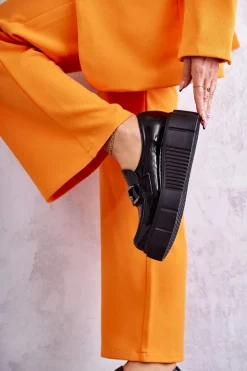 Modne Skórzane Półbuty Na Platformie Czarne Marsol