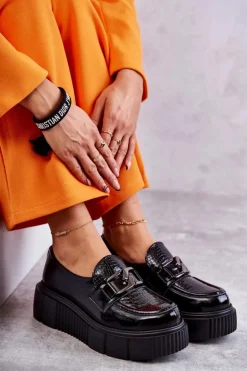 Modne Skórzane Półbuty Na Platformie Czarne Marsol