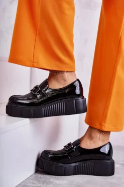 Modne Skórzane Półbuty Na Platformie Czarne Marsol