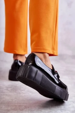 Modne Skórzane Półbuty Na Platformie Czarne Marsol