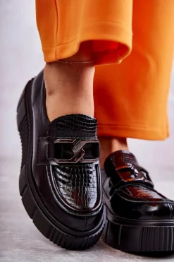 Modne Skórzane Półbuty Na Platformie Czarne Marsol