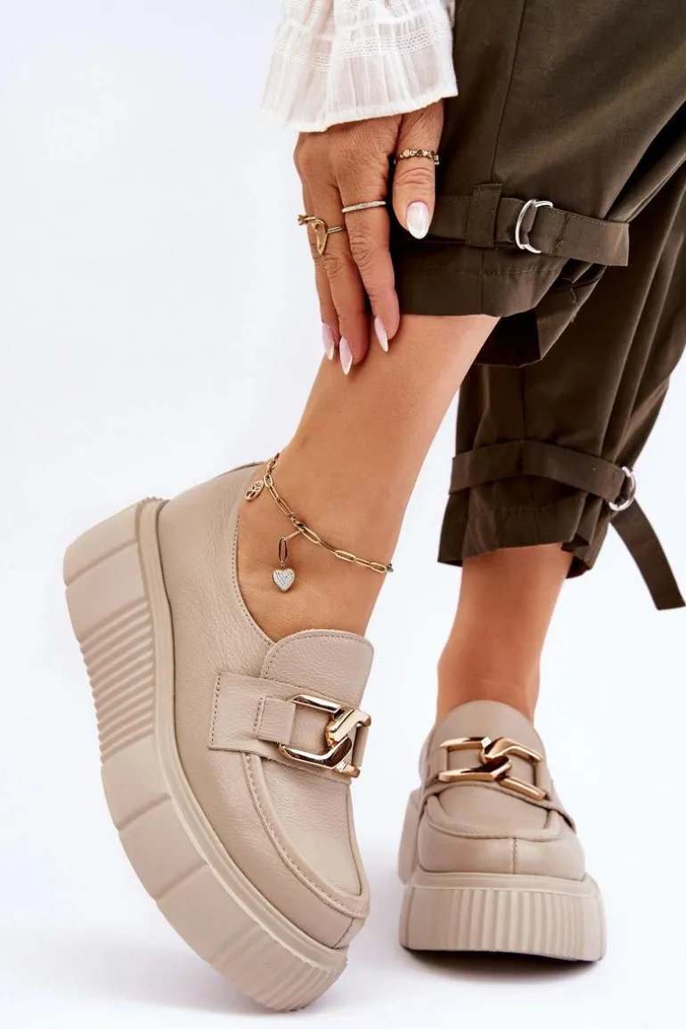 Modne Skórzane Półbuty Na Platformie Beżowe Lemar Marsol