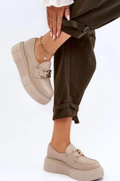 Modne Skórzane Półbuty Na Platformie Beżowe Lemar Marsol