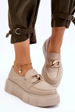 Modne Skórzane Półbuty Na Platformie Beżowe Lemar Marsol