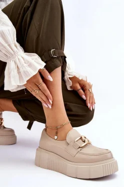Modne Skórzane Półbuty Na Platformie Beżowe Lemar Marsol