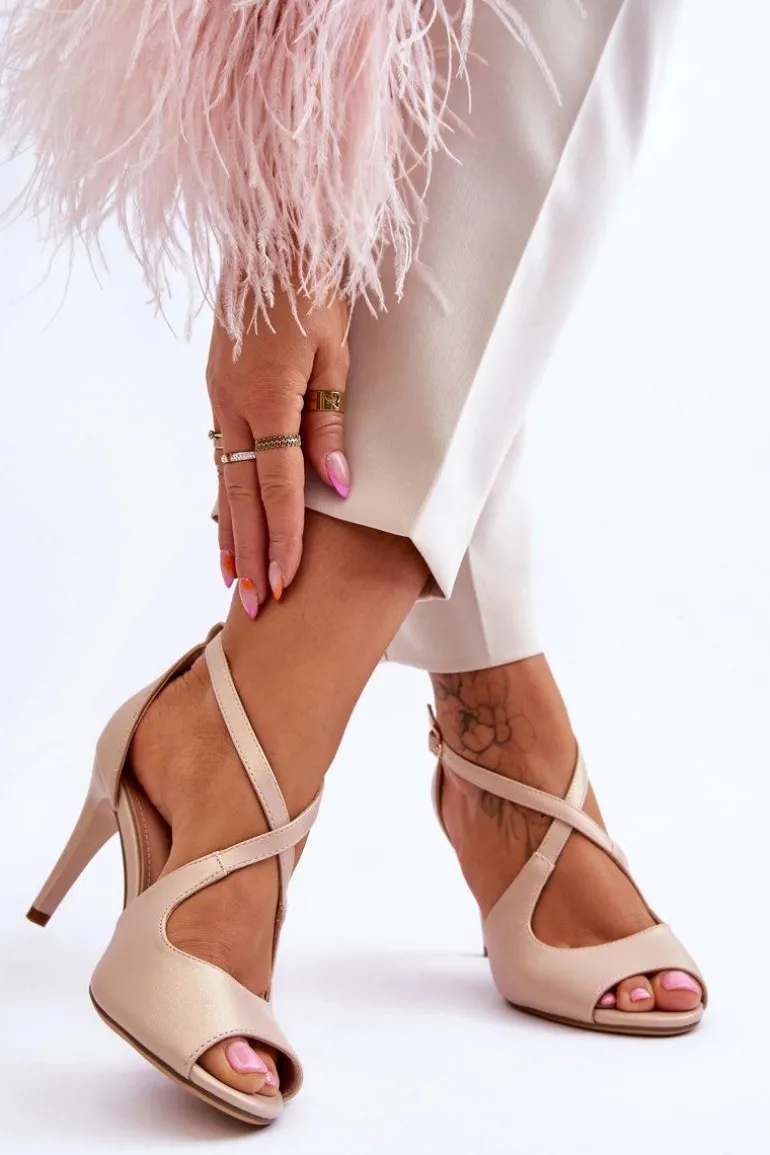 Modne Skórzane Sandałki Na Szpilce Sergio Leone SK429 Perłowe Beżowe