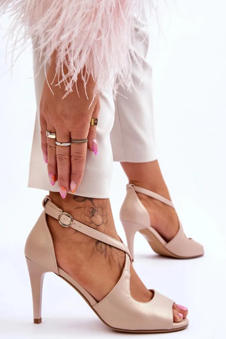 Modne Skórzane Sandałki Na Szpilce Sergio Leone SK429 Perłowe Beżowe