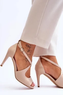 Modne Skórzane Sandałki Na Szpilce Sergio Leone SK429 Perłowe Beżowe