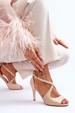 Modne Skórzane Sandałki Na Szpilce Sergio Leone SK429 Perłowe Beżowe