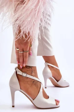 Modne Skórzane Sandałki Na Szpilce Sergio Leone SK429 Perłowe Jasnobeżowe