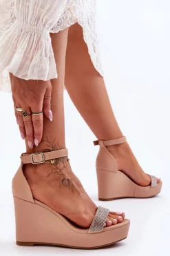 Modne Skórzane Sandały Na Koturnie Nude Arwen