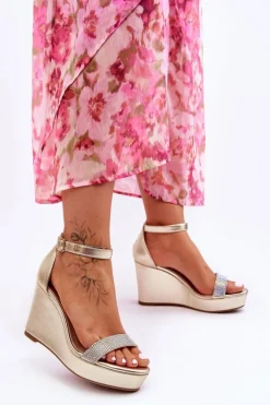 Modne Skórzane Sandały Na Koturnie Złote Arwen