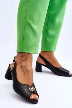 Modne Skórzane Sandały Na Obcasie Czarne Hette