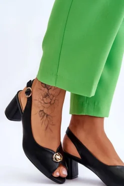 Modne Skórzane Sandały Na Obcasie Czarne Hette