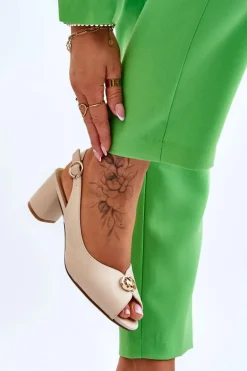 Modne Skórzane Sandały Na Obcasie Beżowe Hette