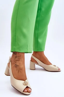 Modne Skórzane Sandały Na Obcasie Beżowe Hette