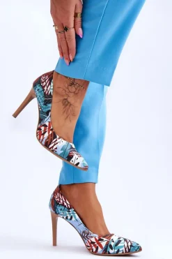 Modne Skórzane Szpilki Lewski Shoes 2659 Zielono-Niebieskie