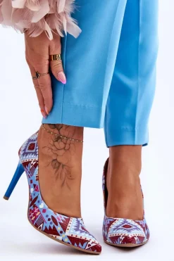 Modne Skórzane Szpilki Lewski Shoes 2659 Niebiesko-Czerwone