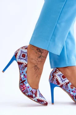 Modne Skórzane Szpilki Lewski Shoes 2659 Niebiesko-Czerwone