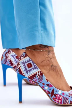 Modne Skórzane Szpilki Lewski Shoes 2659 Niebiesko-Czerwone