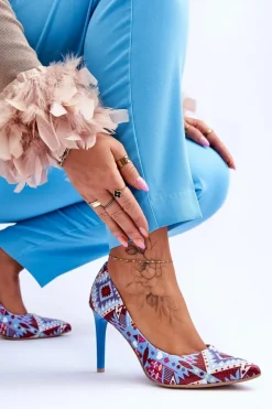 Modne Skórzane Szpilki Lewski Shoes 2659 Niebiesko-Czerwone