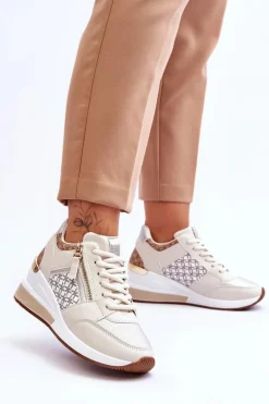 Modne Sneakersy Damskie Na Koturnie Beżowe Jolly