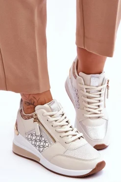Modne Sneakersy Damskie Na Koturnie Beżowe Jolly