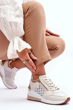 Modne Sneakersy Damskie Na Koturnie Beżowe Jolly