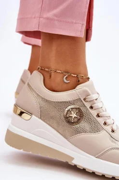 Modne Sneakersy Na Koturnie Beżowe Jaliyah