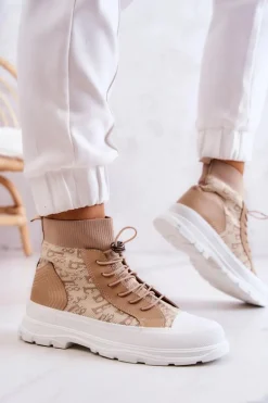 Modne Trampki Wysoka Skarpeta Beżowe Collin