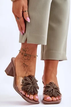 Modne Transparentne Klapki Na Obcasie S.Barski KV-AP658-1 Brązowe