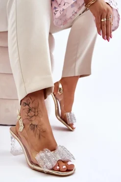 Modne Transparentne Sandały Z Kokardą Złote Ariella