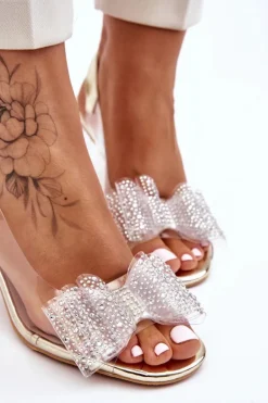 Modne Transparentne Sandały Z Kokardą Złote Ariella