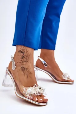Modne Transparentne Sandałki Z Ozdobami Srebrne Carmelo
