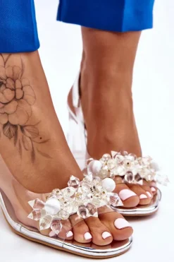 Modne Transparentne Sandałki Z Ozdobami Srebrne Carmelo