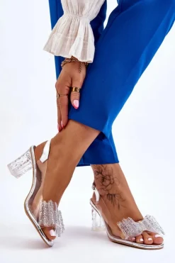 Modne Transparentne Sandały Z Kokardą Srebrne Ariella