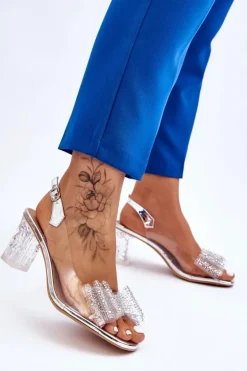 Modne Transparentne Sandały Z Kokardą Srebrne Ariella