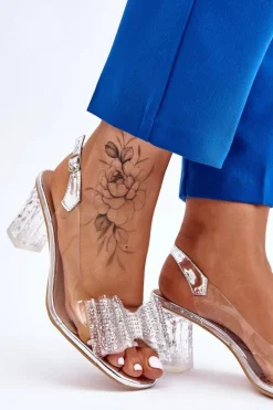 Modne Transparentne Sandały Z Kokardą Srebrne Ariella