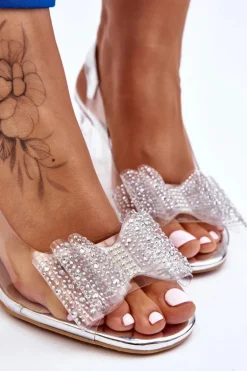 Modne Transparentne Sandały Z Kokardą Srebrne Ariella