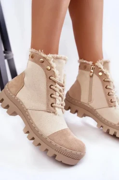 Modne Wiosenne Damskie Botki Trapery Beżowe Claira