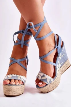 Modne Wiązane Sandały Na Koturnie Niebieskie Recife