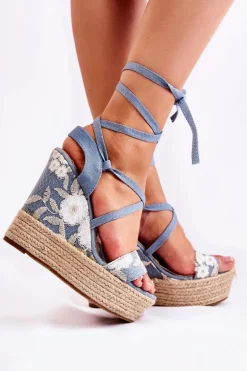 Modne Wiązane Sandały Na Koturnie Niebieskie Recife