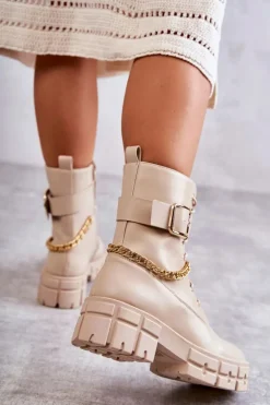 Modne Workery Botki Z Łańcuchem Beżowe Solesso