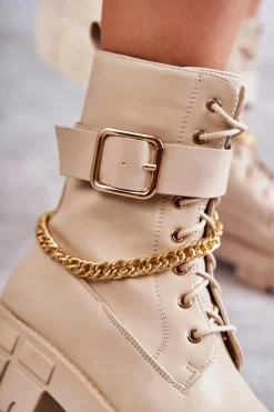 Modne Workery Botki Z Łańcuchem Beżowe Solesso